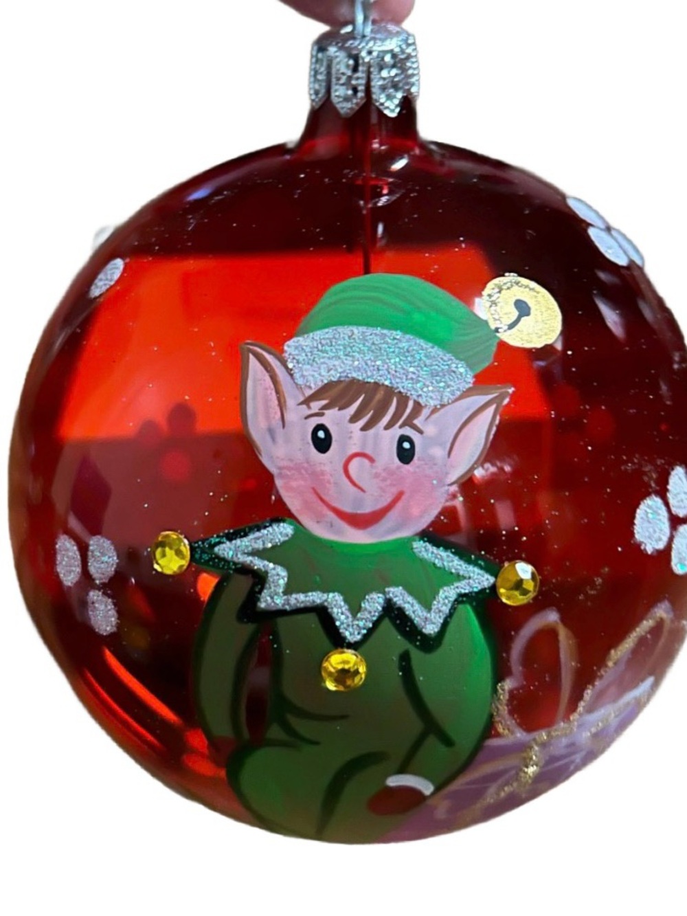 Dillard’s Trimsetter • Bling • Red W/ Painted Elf •  Glass Ball Ornament • W/Box